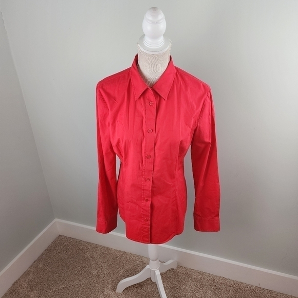 Moda International Long Sleeve Button Down Blouse Top Size Large Red - Picture 1 of 7